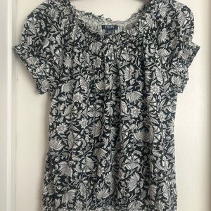 Chaps Black and White Floral Short-Sleeve Peasant Blouse